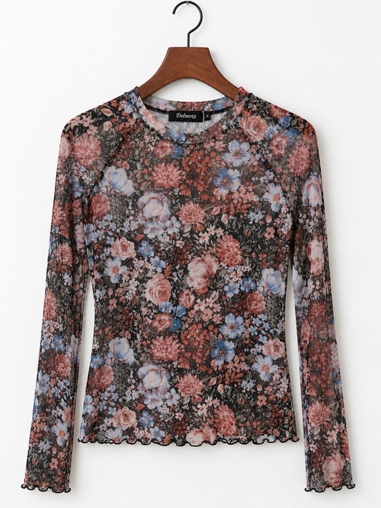 Delmore Tops - Delmore Floral Mesh Long Sleeve Sheer Top Size M Boho Y2K Romantic Blouse